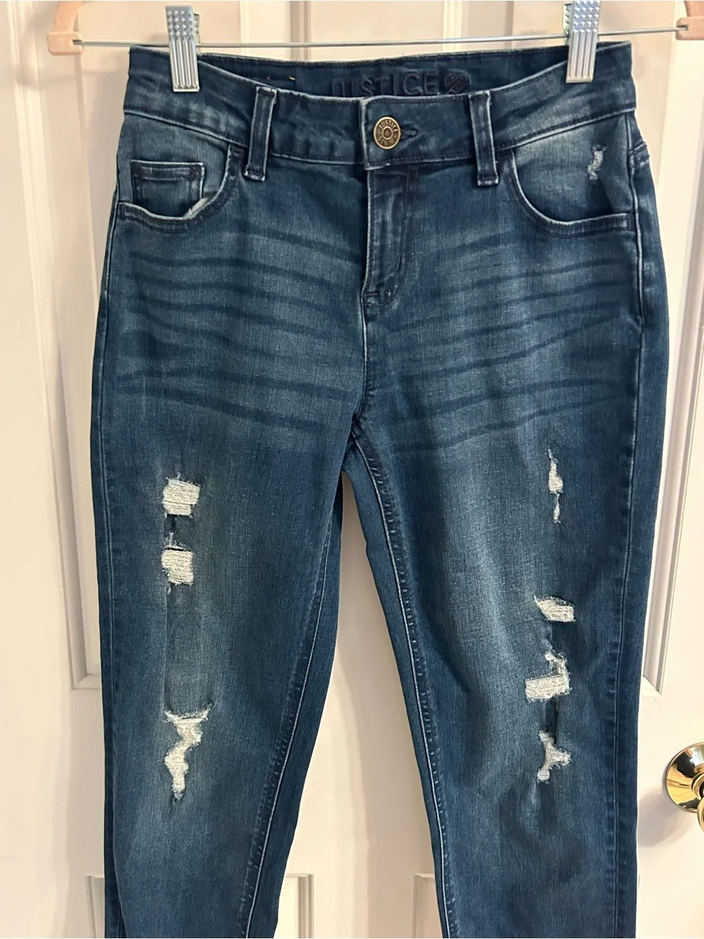 Girls Justice Dark Blue Distressed Cropped Jeans